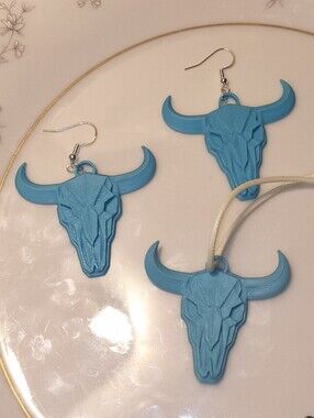 Southwestern Turquoise Color Long Horn Bull Skull Necklace and Earring Set